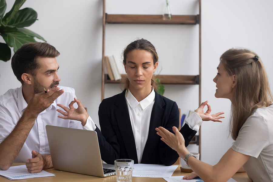 Stressed party meditating at a stressful negotiation