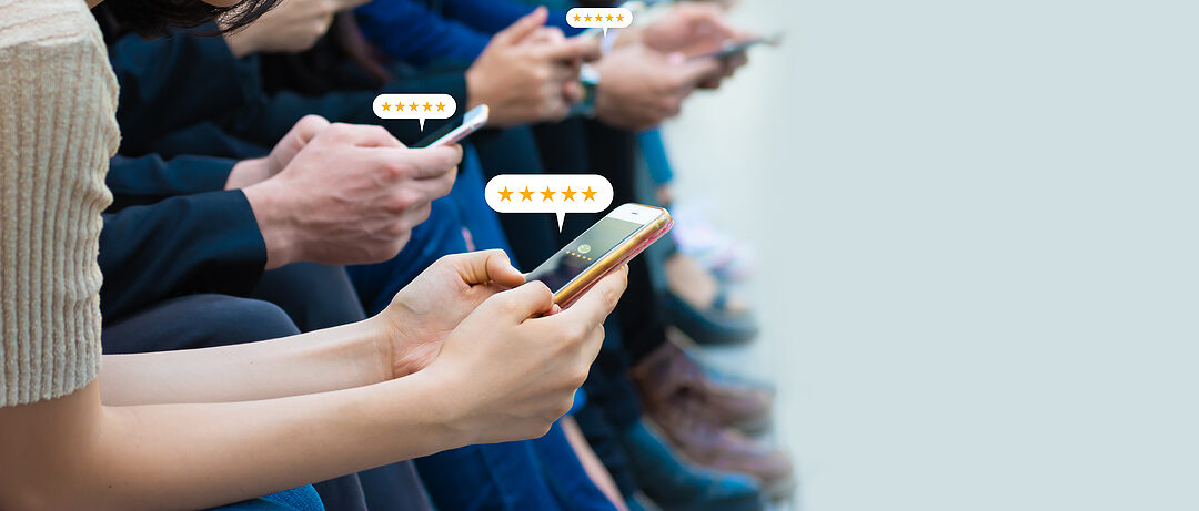 Group of people submitting five star reviews for Weber Dispute Resolution on their mobile devices