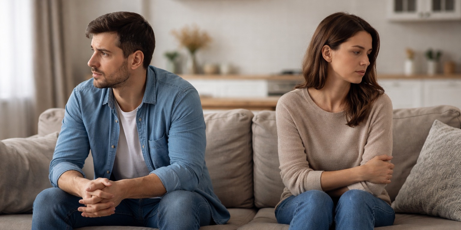 Couple sitting across from each other during divorce mediation, reflecting emotional drivers in divorce including fear, uncertainty, and loss of trust.