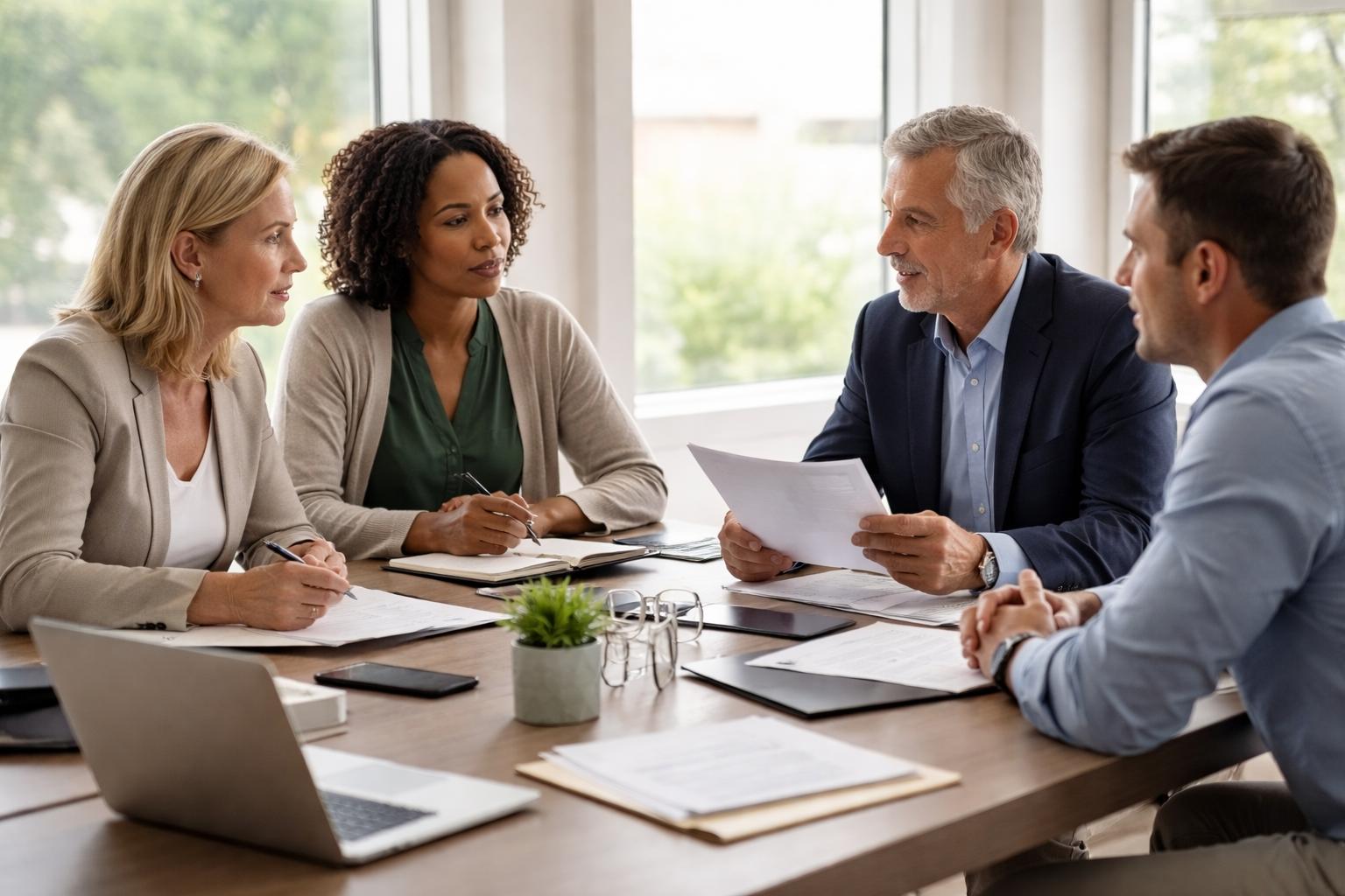 Collaborative divorce meeting with attorneys, financial professional, and mental health professional working with a couple at a conference table.