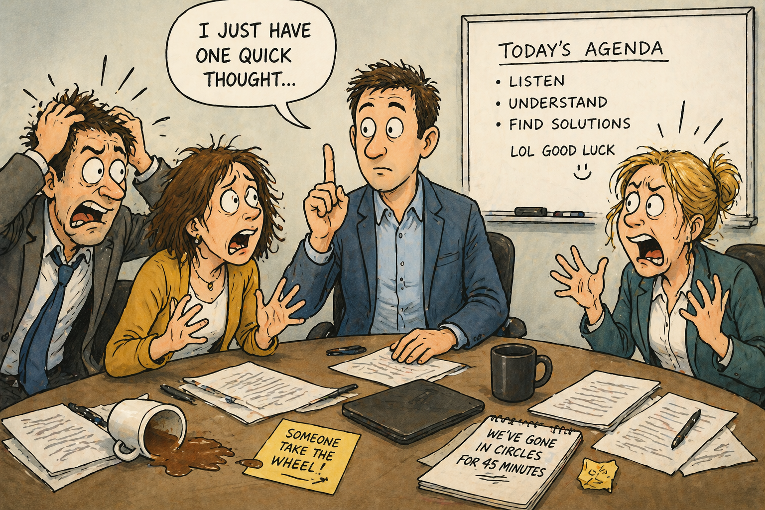 when to interrupt in mediation cartoon showing mediator raising finger as others react emotionally