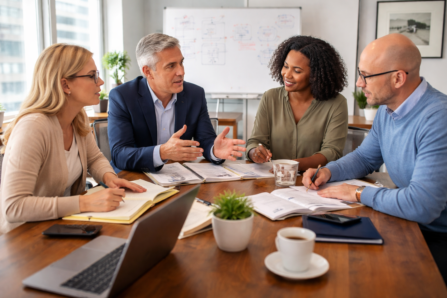 Team of professionals and clients working together in a family law mediation setting, demonstrating interdisciplinary collaboration and guided conflict resolution.