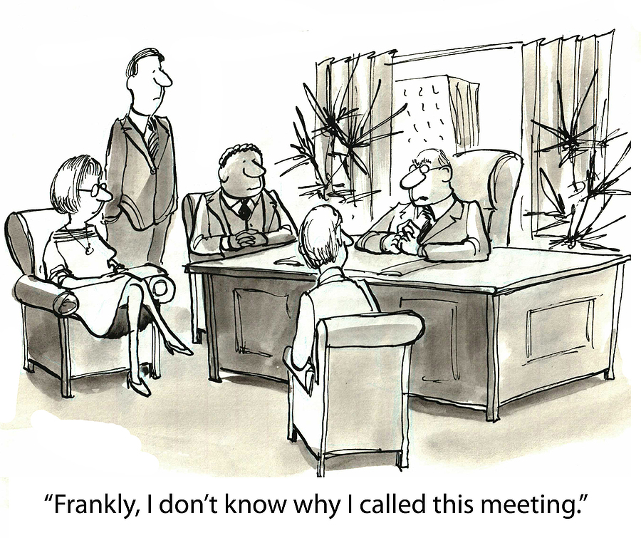 cartoon of professionals in a meeting with no clear purpose, illustrating common collaborative divorce mistakes