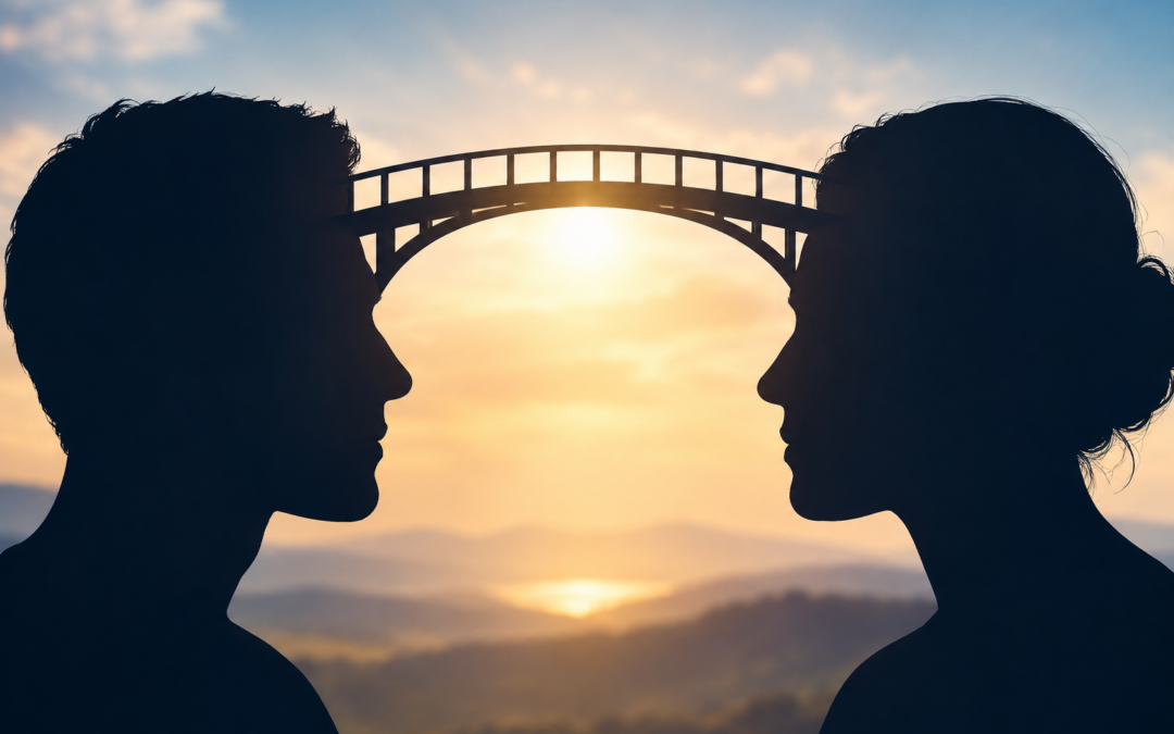 Two people in profile connected by a bridge, symbolizing empathy, understanding, and connection in mediation.